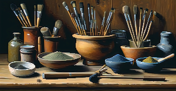 A still life arrangement of ancient pigment application tools on a wooden table, featuring brushes and natural pigments illuminated by soft natural light.