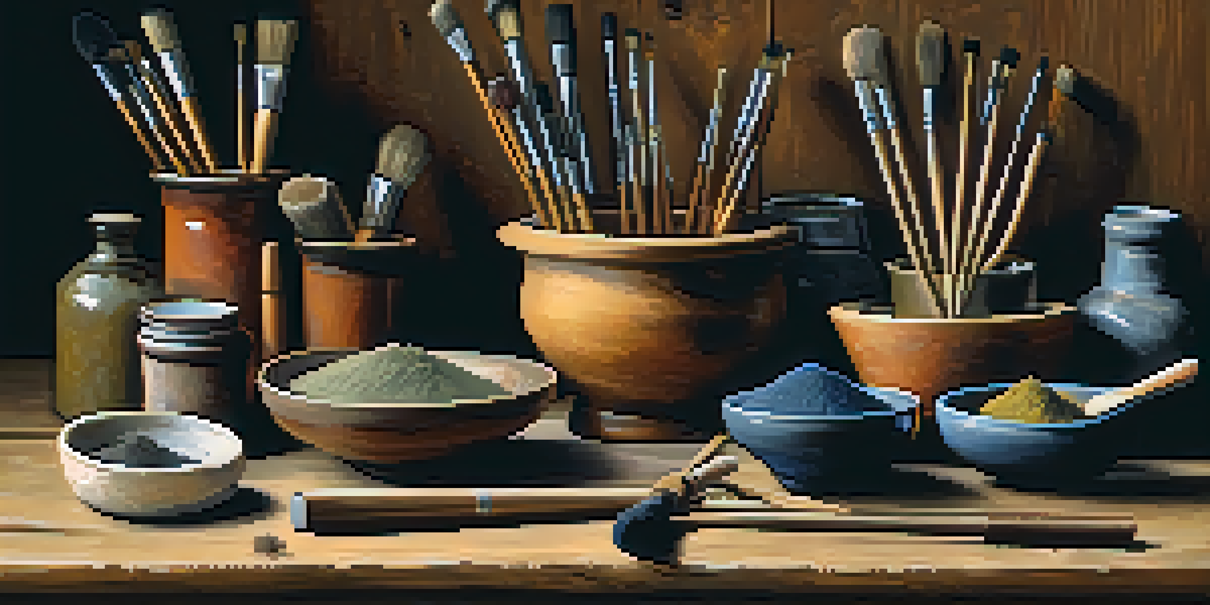 A still life arrangement of ancient pigment application tools on a wooden table, featuring brushes and natural pigments illuminated by soft natural light.