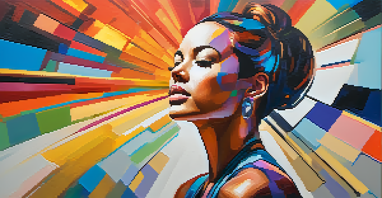 A modern portrait of a confident woman in a powerful pose, surrounded by abstract shapes and vibrant colors.