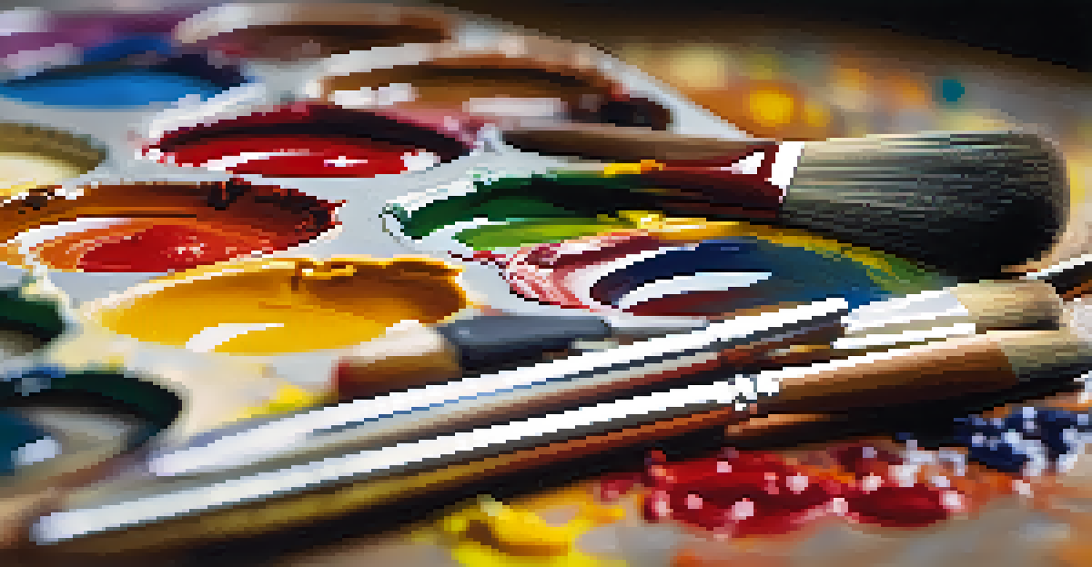 A close-up of an artist's palette with colorful paints and brushes, set against a canvas.