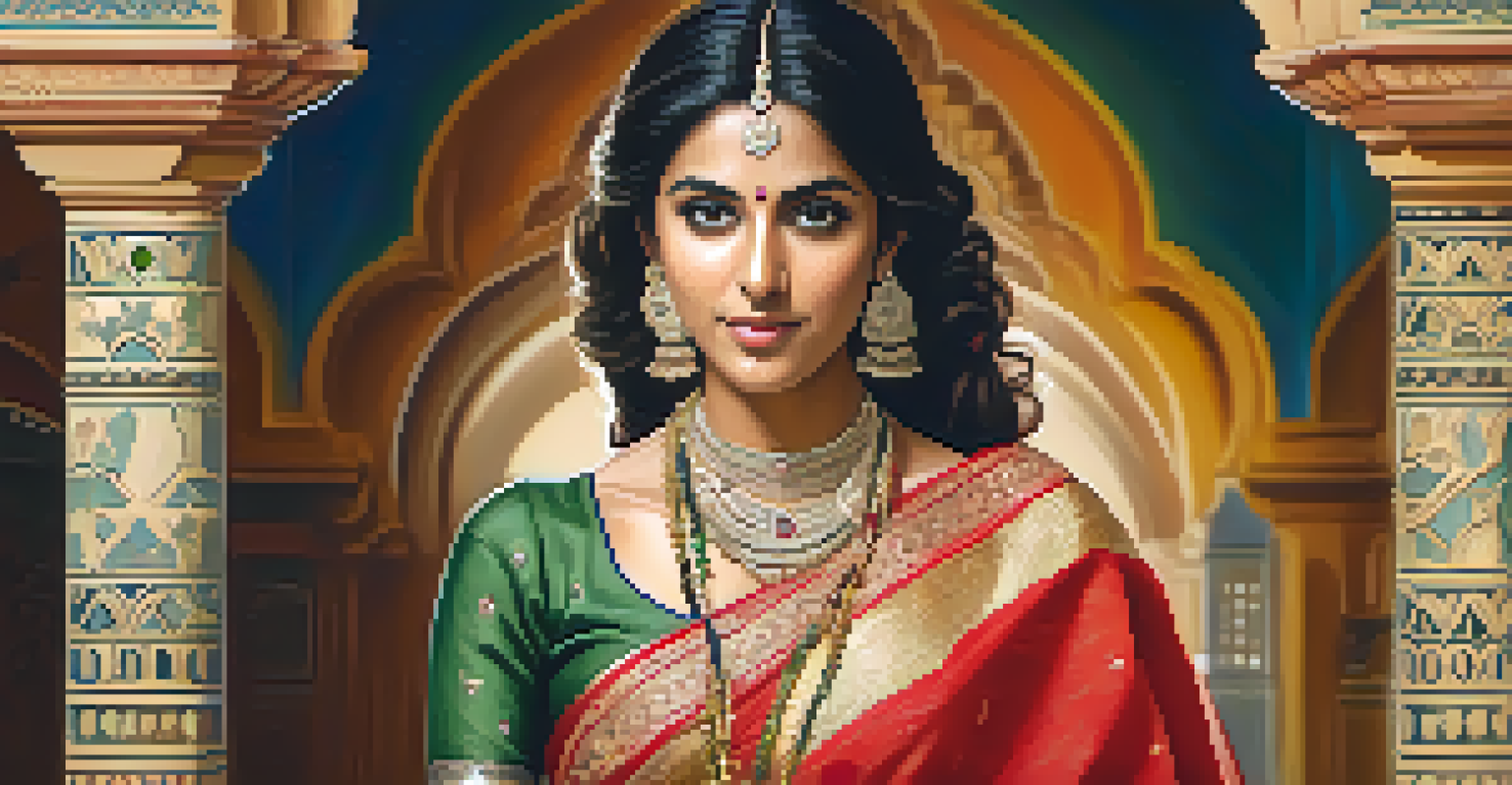 A traditional Indian portrait of a woman in a colorful saree and jewelry, set against a floral background.
