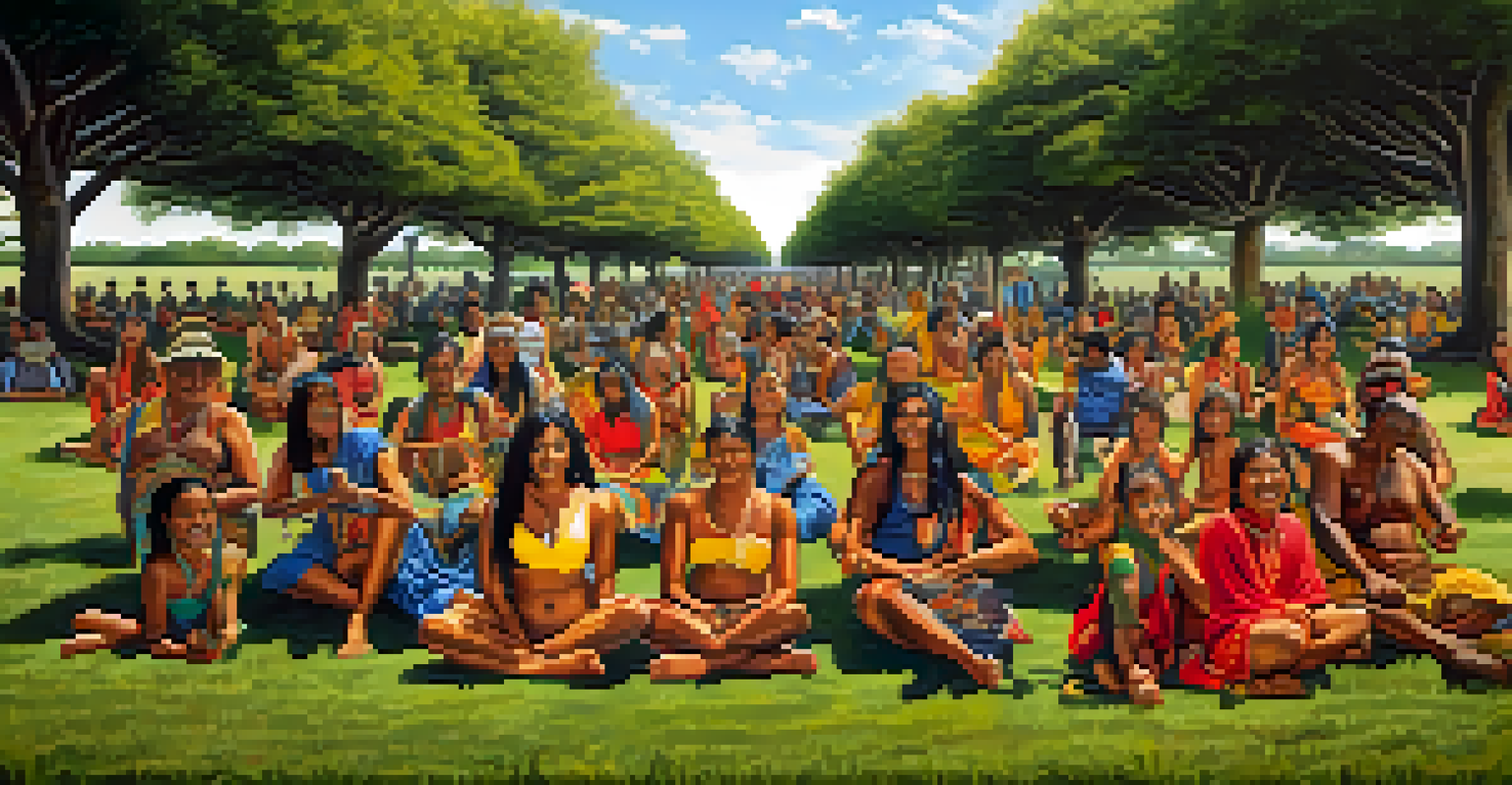 A diverse group of people showcasing unique body paintings in a park, celebrating cultural heritage.