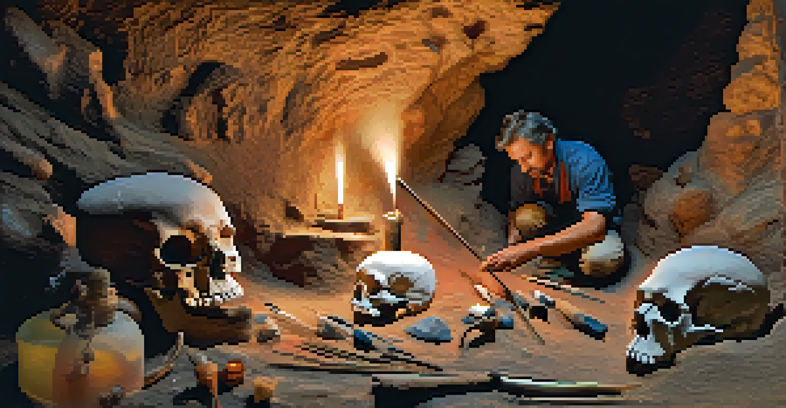 An artist applying natural pigments to a cave wall, surrounded by tools, illuminated by torchlight.