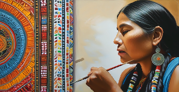 A traditional Indigenous woman focused on painting, surrounded by vibrant colors and patterns, showcasing her cultural heritage.