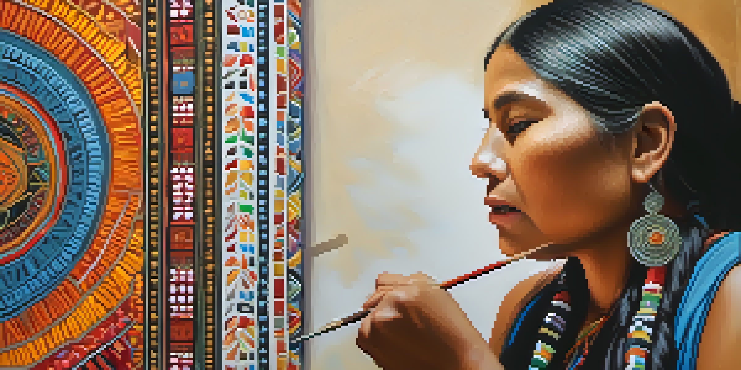 A traditional Indigenous woman focused on painting, surrounded by vibrant colors and patterns, showcasing her cultural heritage.
