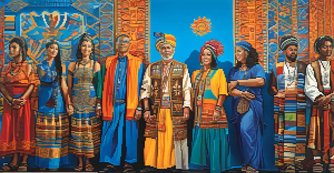 A colorful mural depicting a diverse group of people in traditional clothing, standing united against a blue wall with intricate patterns.