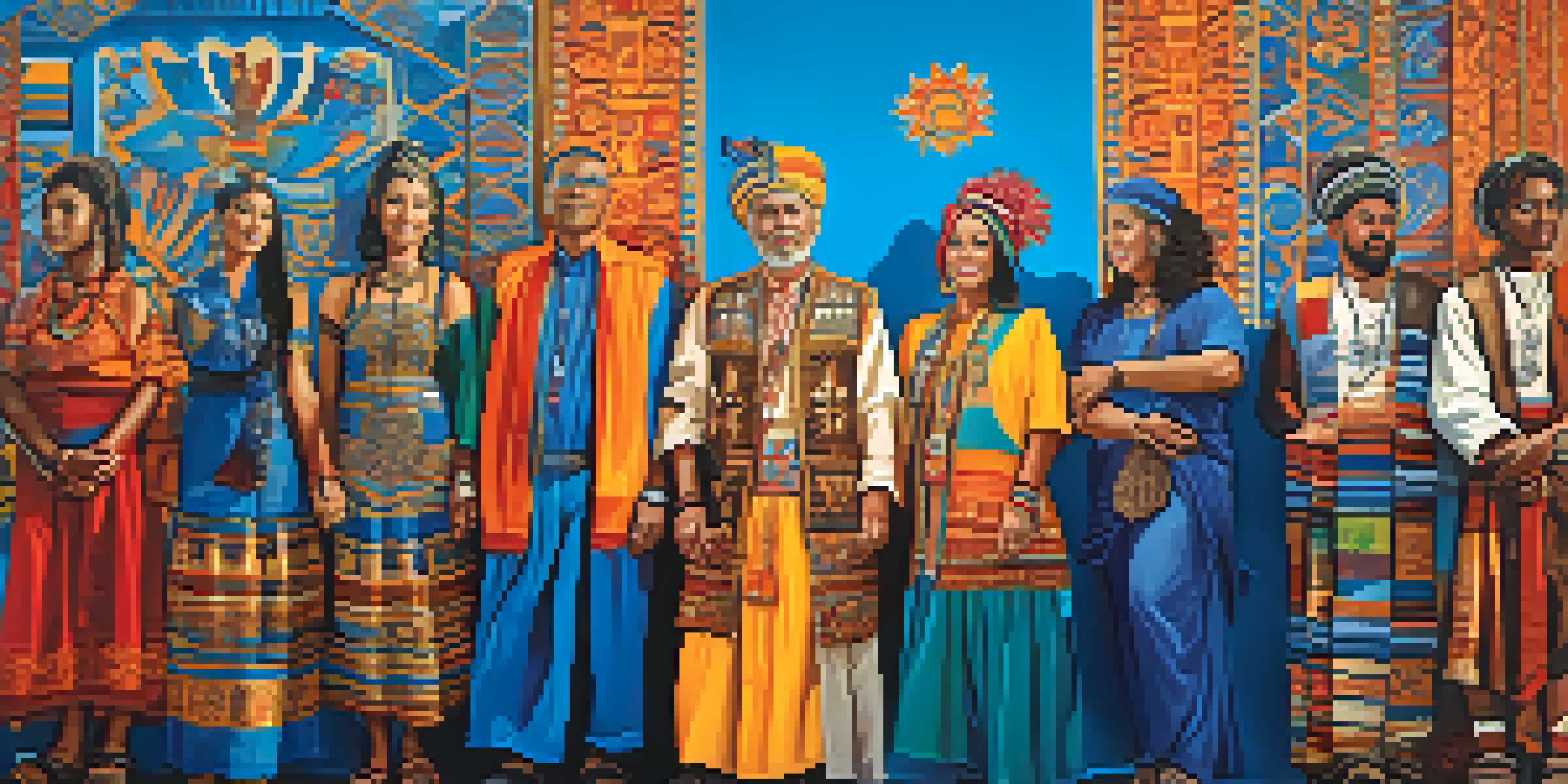 A colorful mural depicting a diverse group of people in traditional clothing, standing united against a blue wall with intricate patterns.