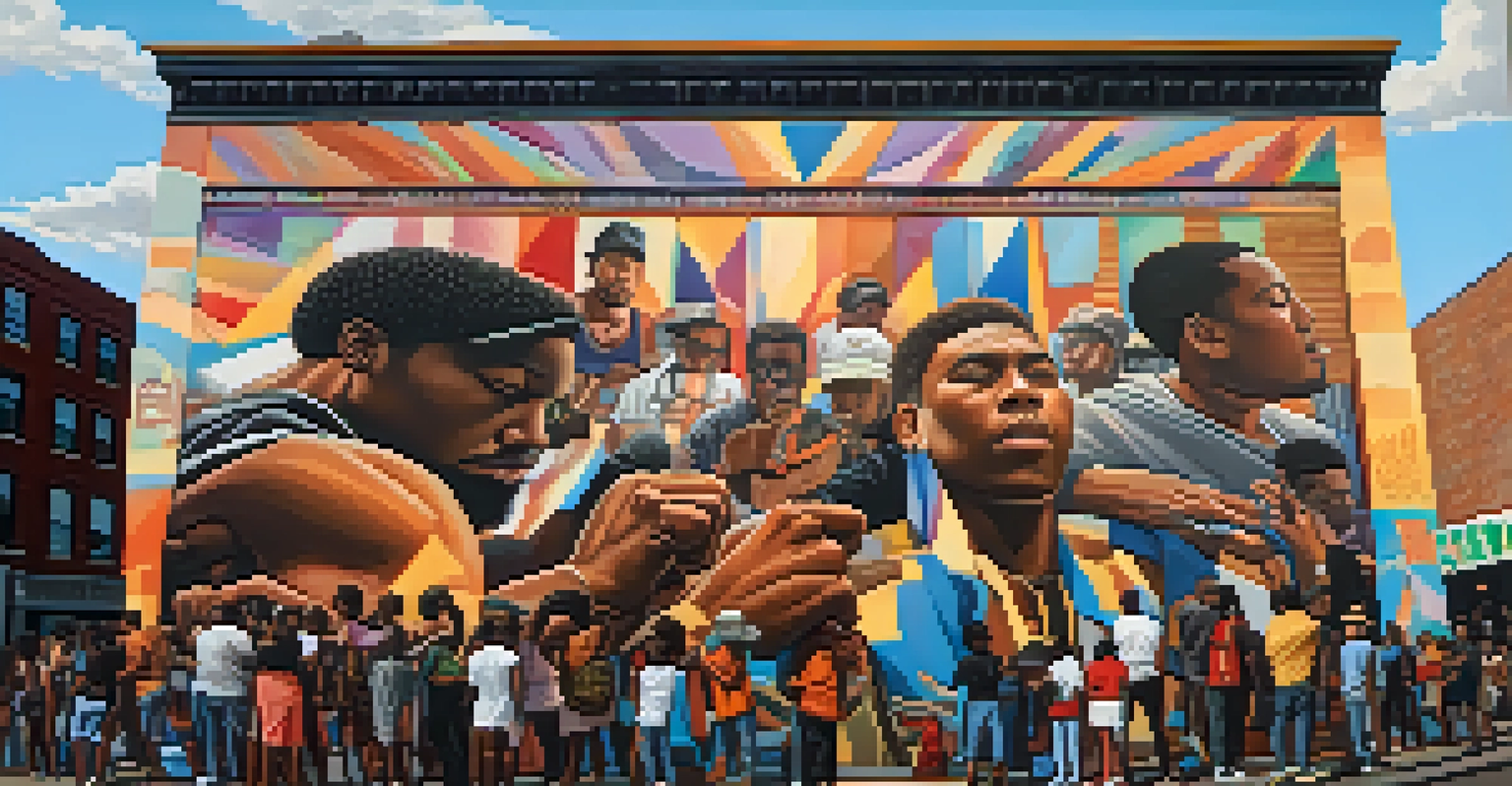 A vibrant street showcasing impactful murals related to the Black Lives Matter movement, featuring raised fists and slogans, with people engaging with the art.