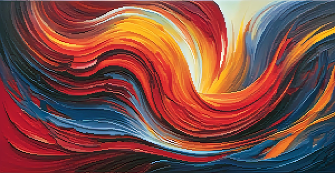 An abstract painting with swirling red, orange, and yellow colors, creating a dynamic and energetic composition against a blue gradient background.