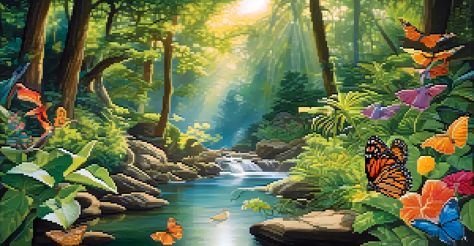 A colorful mural showcasing a lush forest with birds, butterflies, and a flowing river under dappled sunlight.