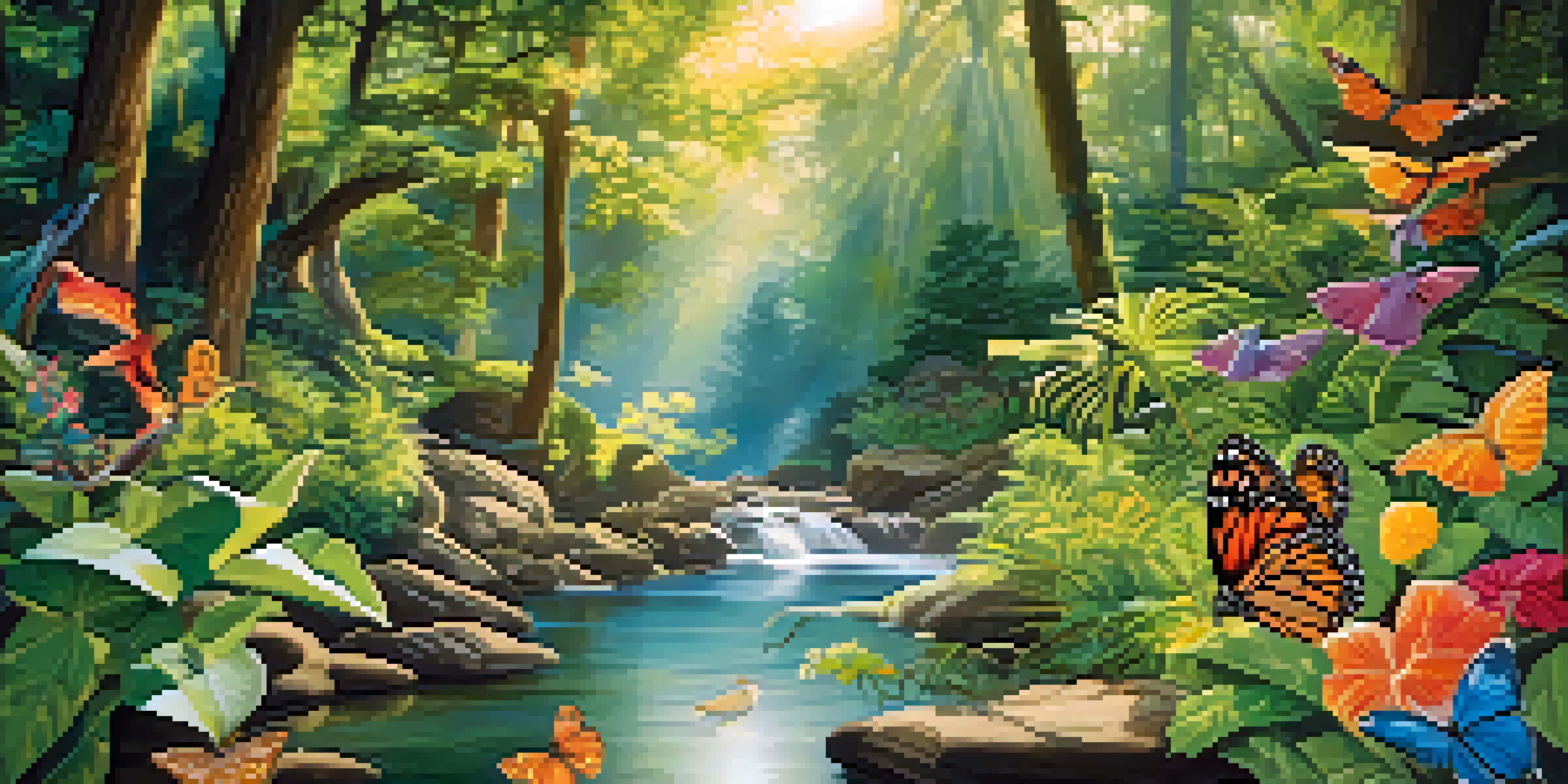 A colorful mural showcasing a lush forest with birds, butterflies, and a flowing river under dappled sunlight.