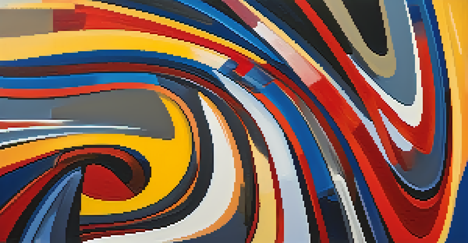 An abstract painting with bold colors and textures, showcasing dynamic shapes and flowing lines.