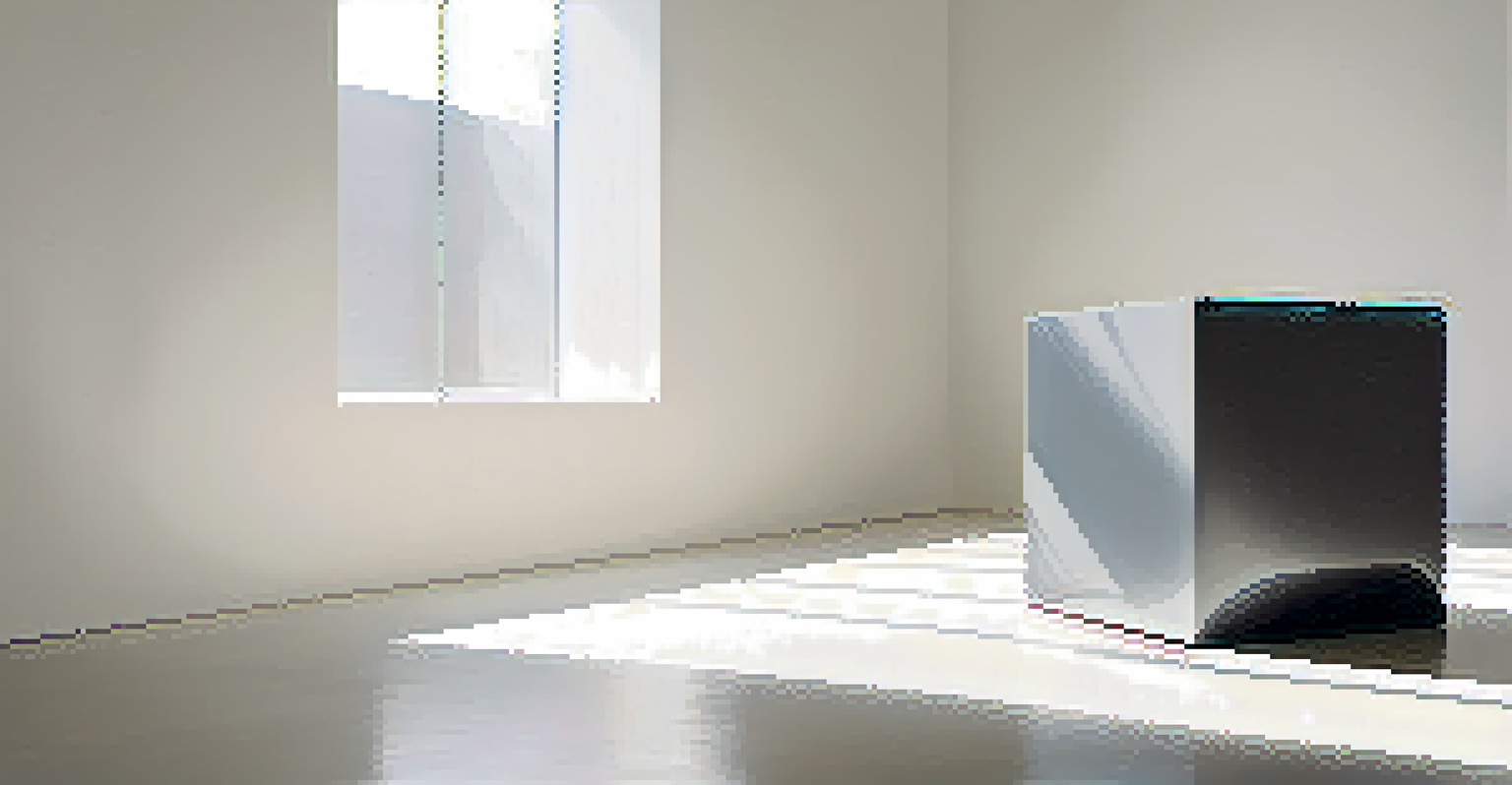 An abstract minimalist image of a gray cube in a bright white room, emphasizing clean lines and shadows.