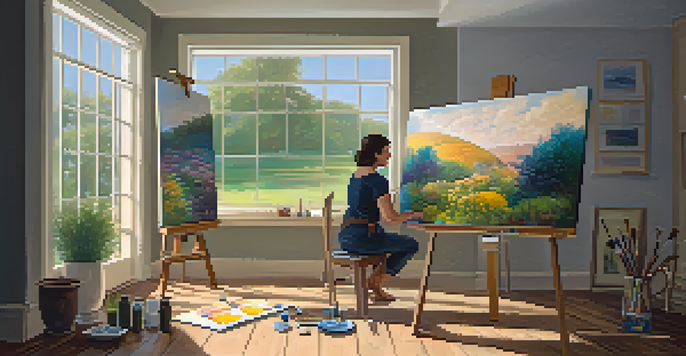 An artist working in a bright, natural light-filled studio, painting a vibrant landscape on a large canvas with various paint supplies around her.