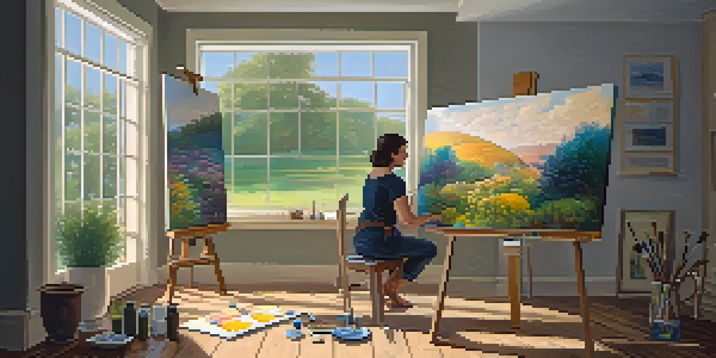 An artist working in a bright, natural light-filled studio, painting a vibrant landscape on a large canvas with various paint supplies around her.
