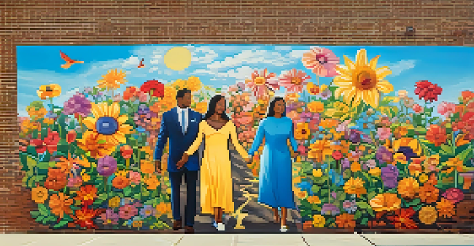 A colorful street mural showing diverse individuals holding hands amidst flowers, symbolizing unity and peace.