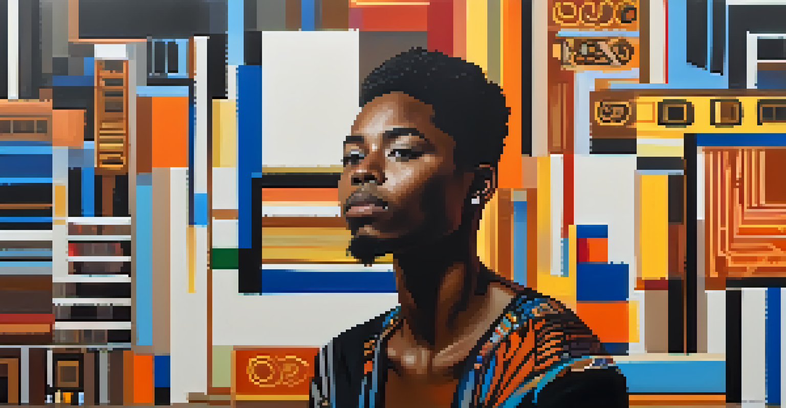 A modern portrait of a Black individual, featuring bold colors and an abstract background that represents cultural pride and resilience.