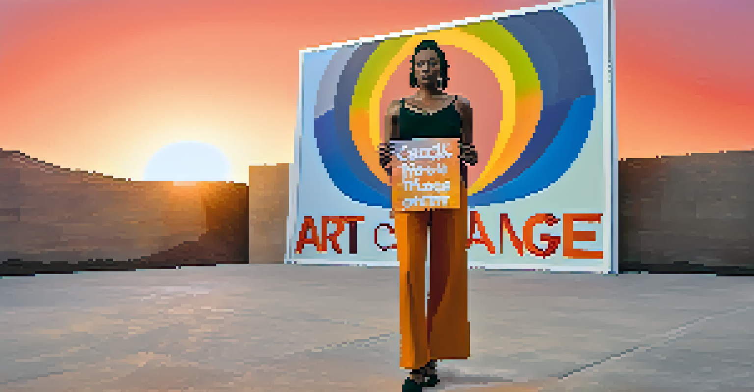 A woman holding a protest sign in front of a colorful abstract art installation during sunset.