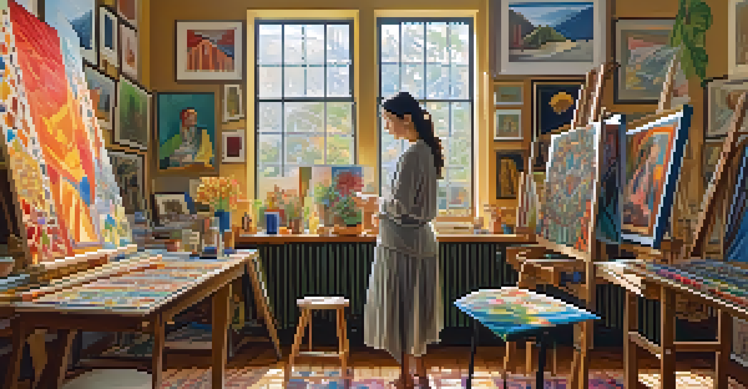 An artist in a studio surrounded by culturally inspired artwork, painting at an easel with natural light streaming in.