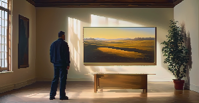 A character gazing at a colorful landscape painting in a dimly lit gallery, with warm lighting enhancing the colors and shadows adding depth.
