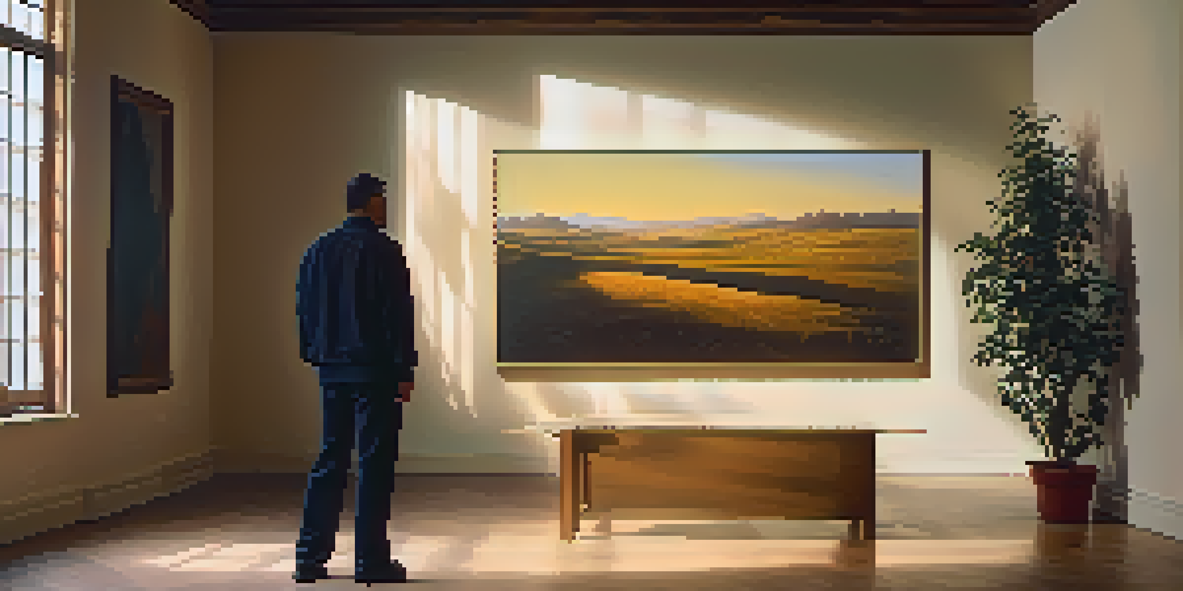 A character gazing at a colorful landscape painting in a dimly lit gallery, with warm lighting enhancing the colors and shadows adding depth.