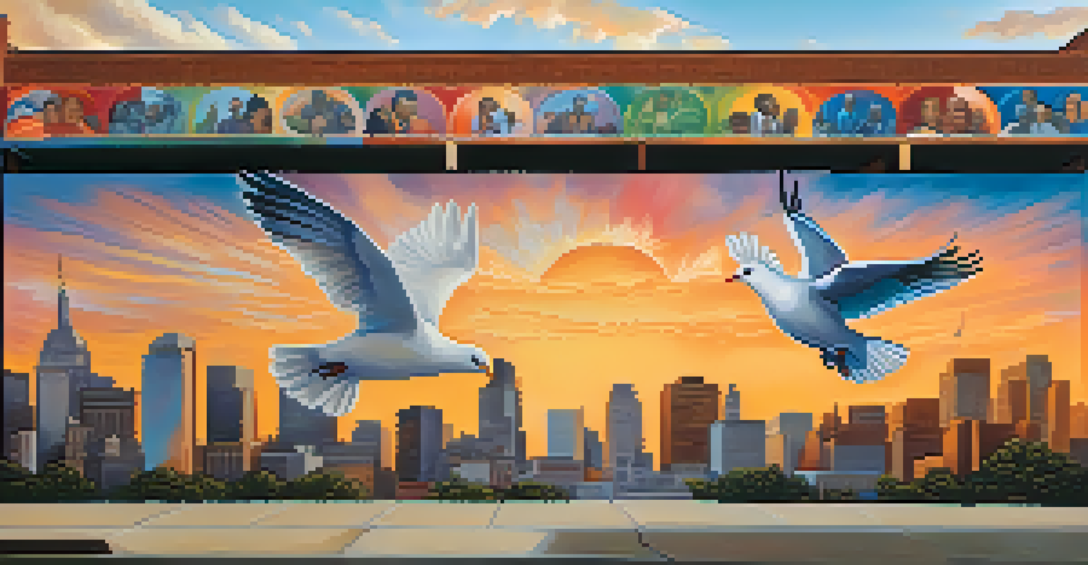 A vibrant mural dedicated to civil rights, showcasing historical leaders and symbols of hope against a sunset backdrop of a city skyline.