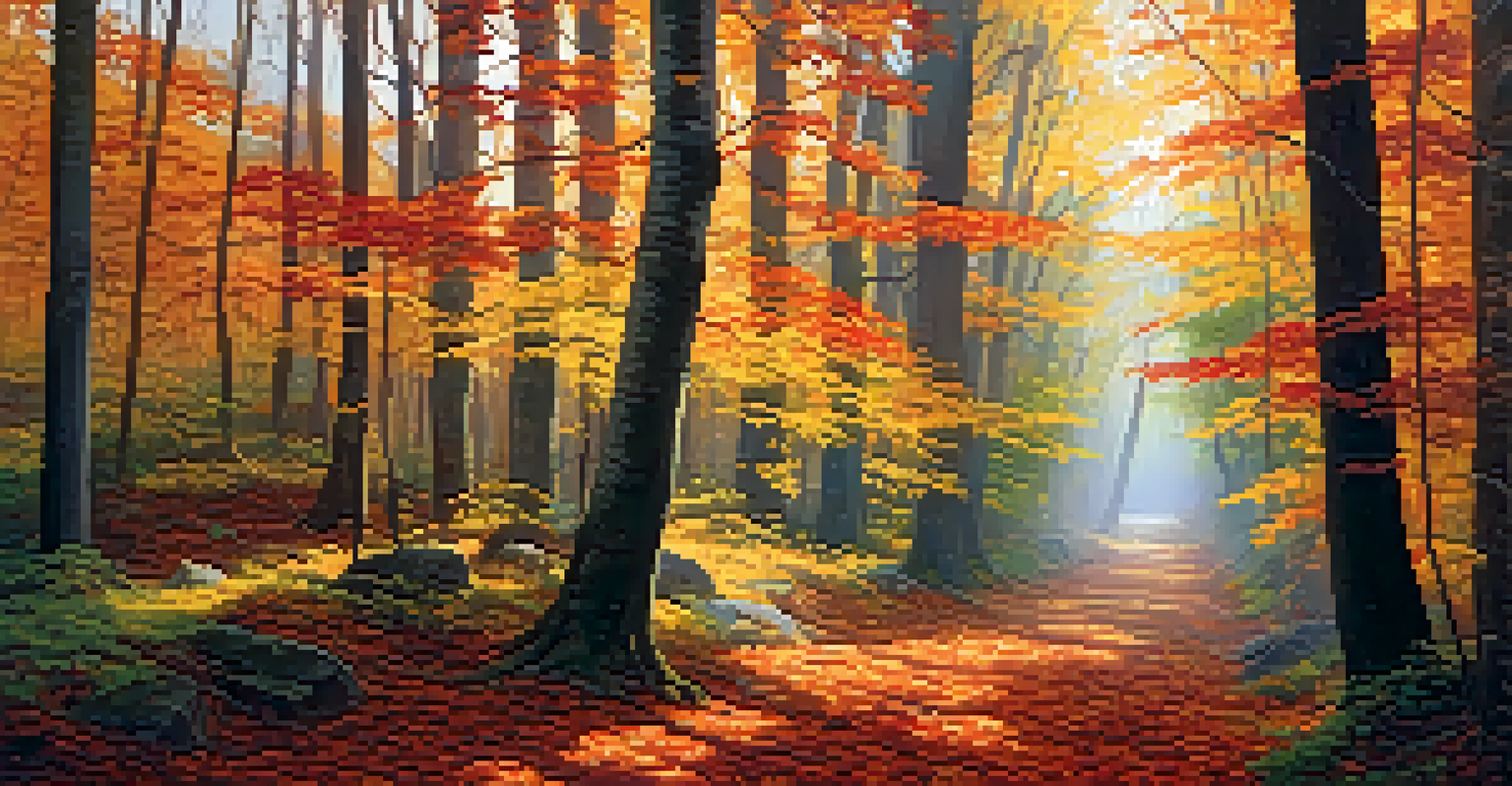 An autumn forest with colorful leaves and sunlight filtering through the trees.