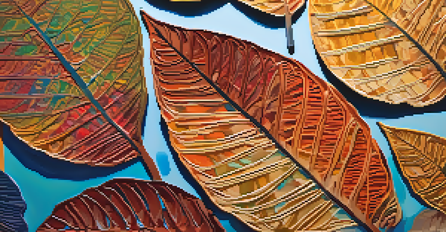 A close-up of a canvas featuring vibrant colors and intricate patterns created with found objects like leaves and mesh, illuminated by sunlight.