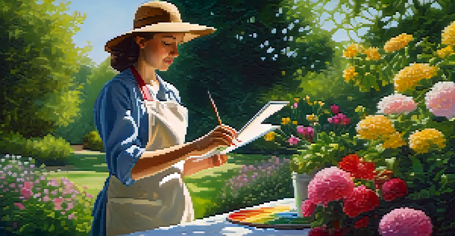An artist painting in a lush garden, surrounded by flowers and greenery, with sunlight creating a dappled effect on the canvas.