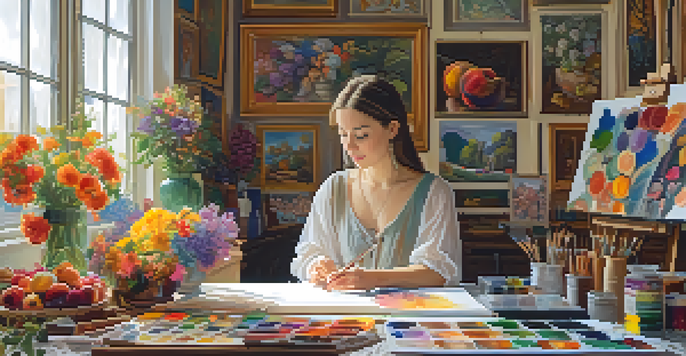 A woman artist in a Renaissance-style studio, painting a still life of flowers and fruits with natural light illuminating her workspace.