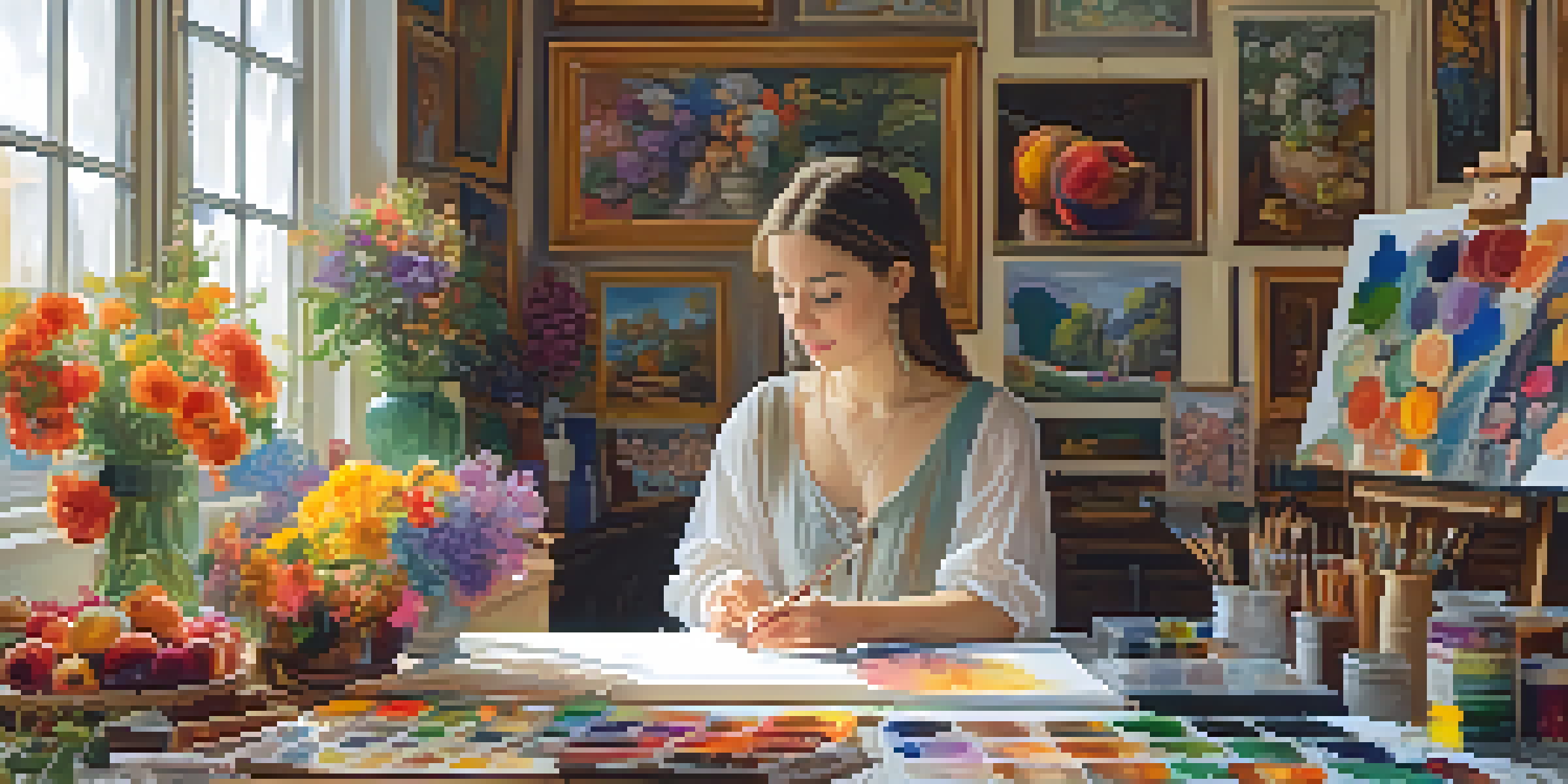 A woman artist in a Renaissance-style studio, painting a still life of flowers and fruits with natural light illuminating her workspace.