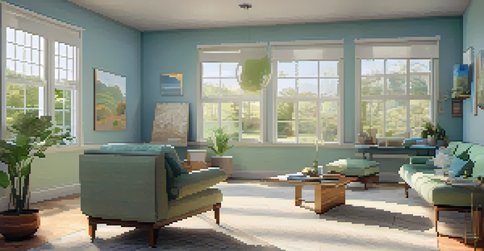 A peaceful art therapy room with soft colors, natural light, and art supplies.