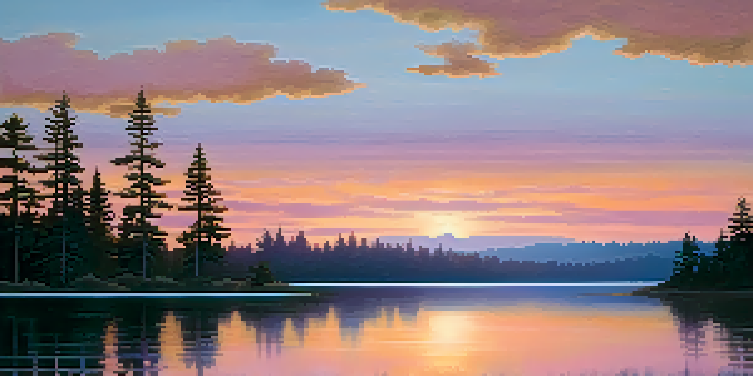 A serene sunset landscape with soft pastel colors reflected in a tranquil lake, surrounded by silhouettes of pine trees.