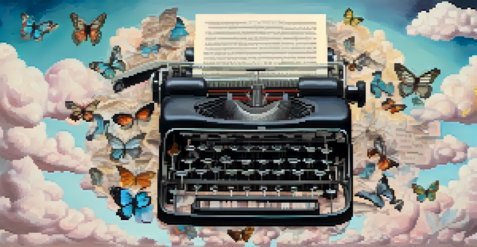 A surreal collage featuring a vintage typewriter with floating butterflies and clouds, set against a pastel-colored background.