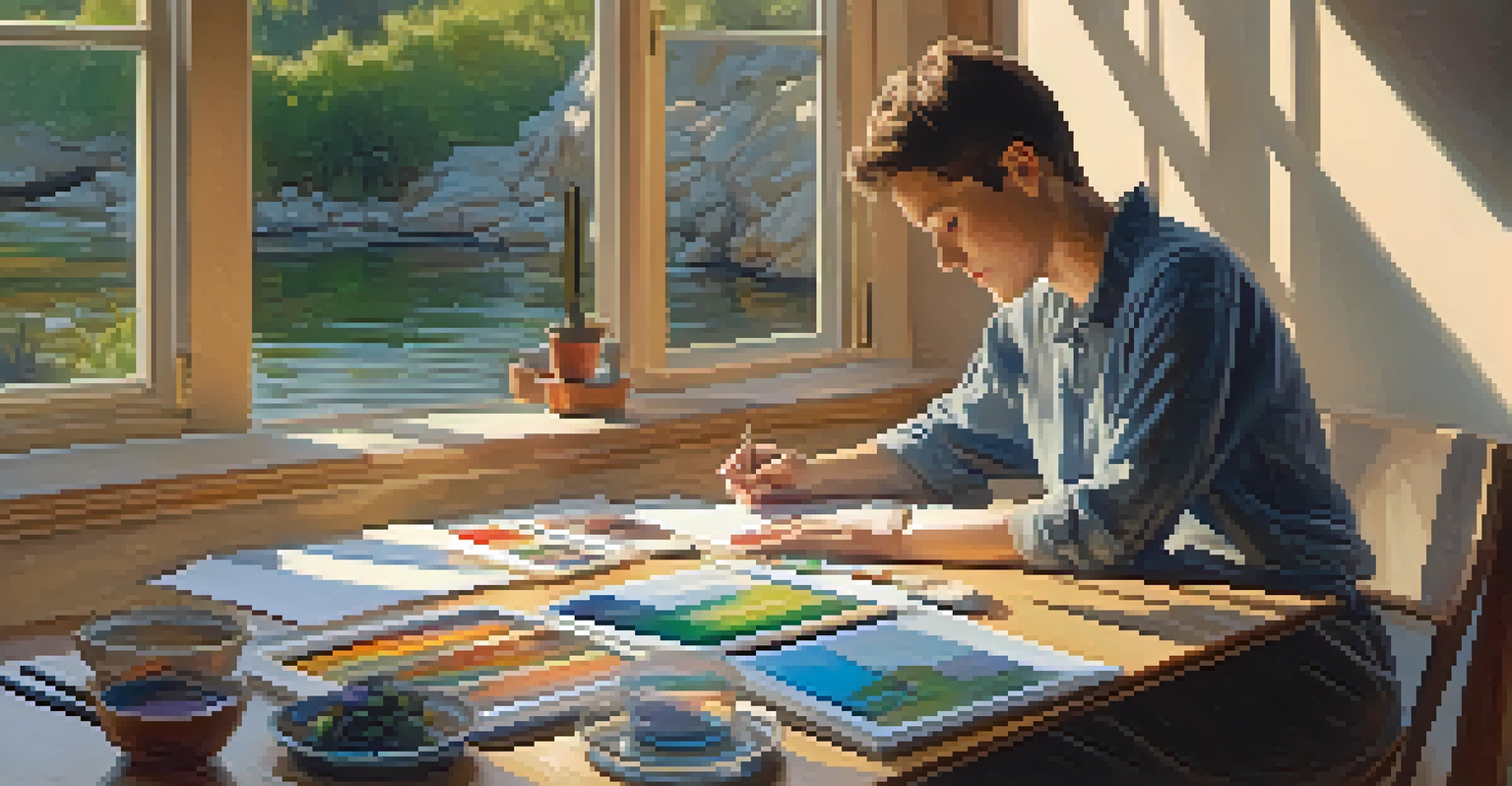 A person contemplating their artwork at a table, surrounded by art supplies and bathed in soft sunlight.