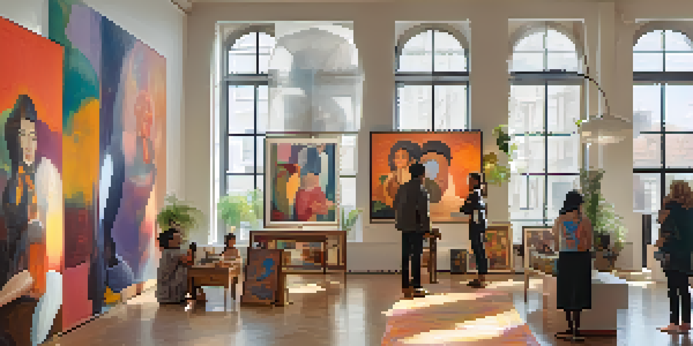 A gallery featuring diverse artworks by women artists, with visitors discussing the pieces in a bright space.