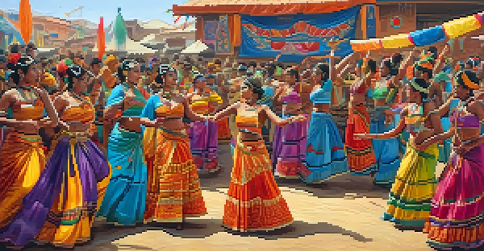 A colorful festival scene with people wearing intricate body paint, celebrating with music and dance.