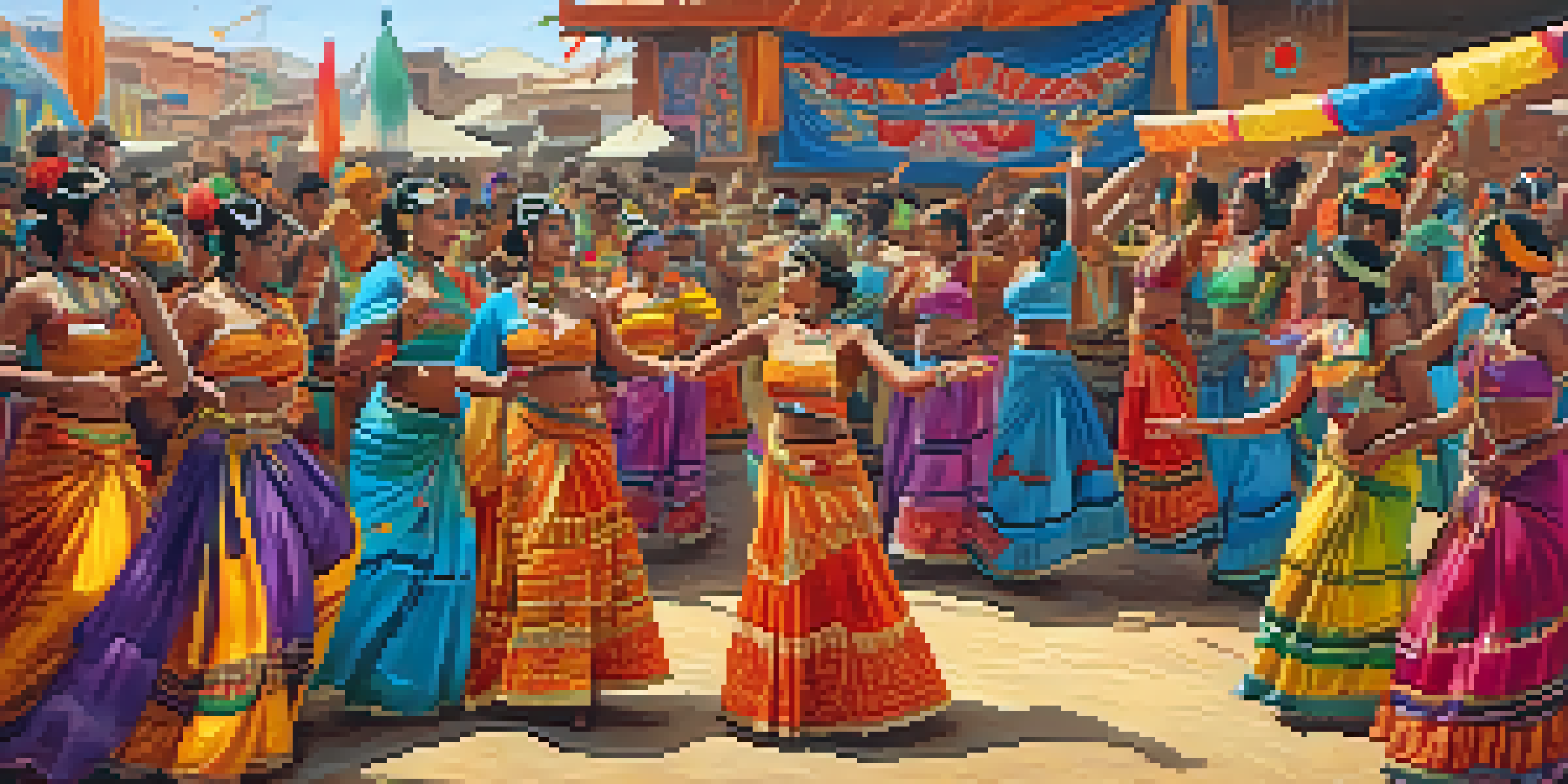 A colorful festival scene with people wearing intricate body paint, celebrating with music and dance.