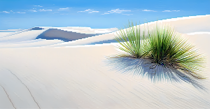 A tranquil minimalist landscape with white sand dunes under a blue sky, featuring a single green plant.