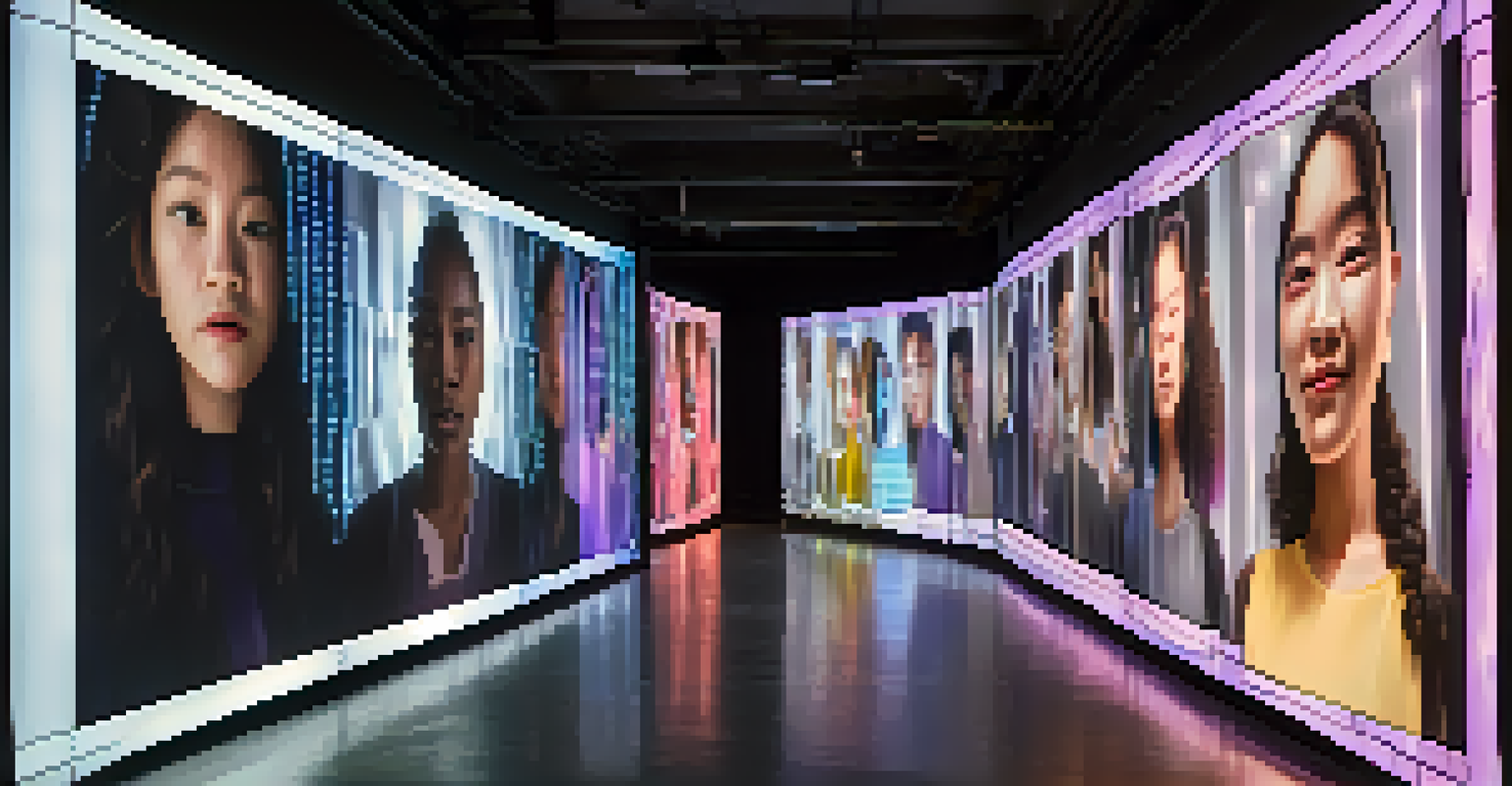 An art installation with glowing digital screens showing diverse faces connected by threads of light in a dark gallery.