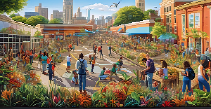 A colorful mural created from recycled materials, depicting a local ecosystem with animals and plants. Community members are working together on the artwork under warm sunlight.