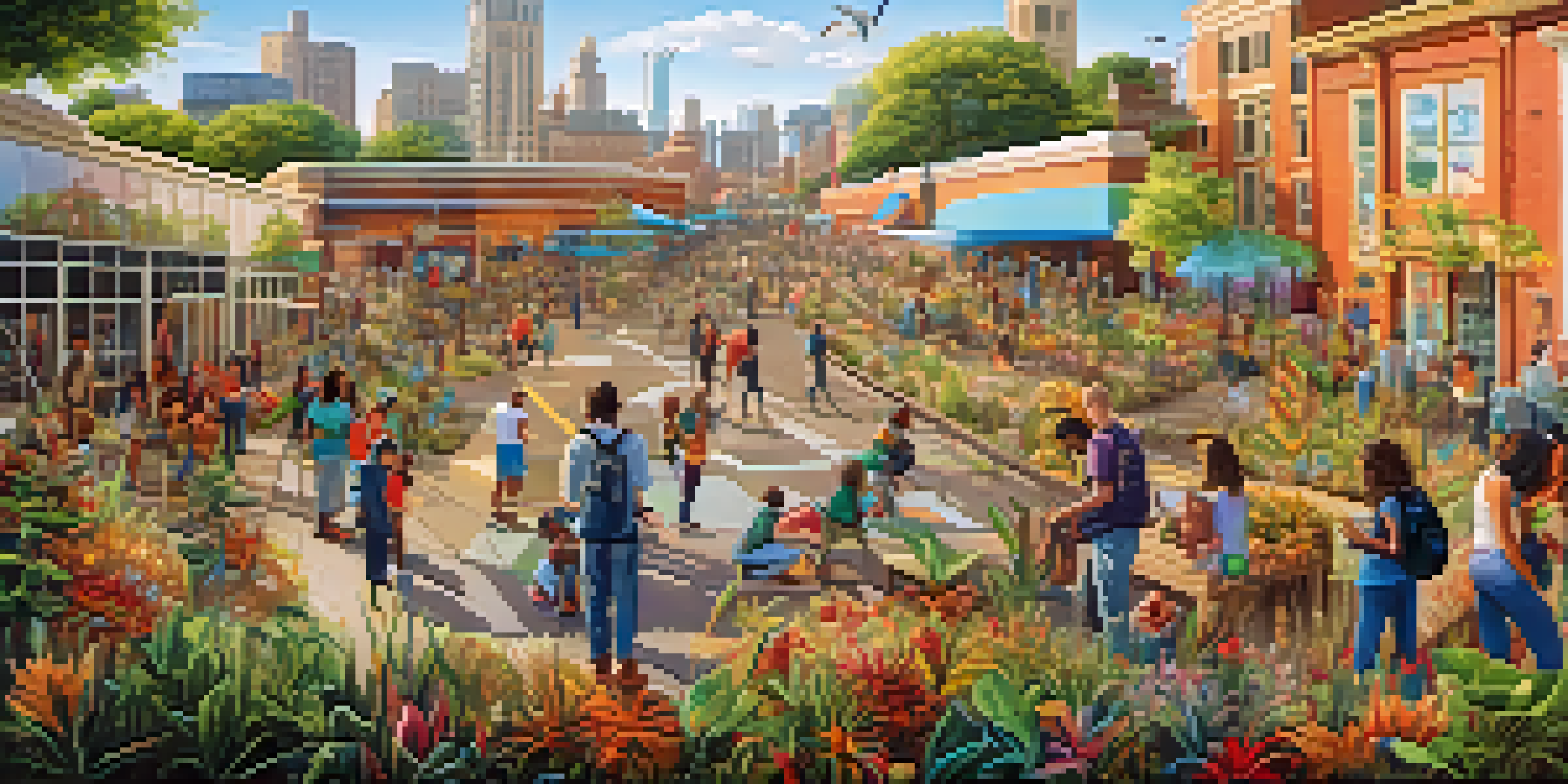A colorful mural created from recycled materials, depicting a local ecosystem with animals and plants. Community members are working together on the artwork under warm sunlight.