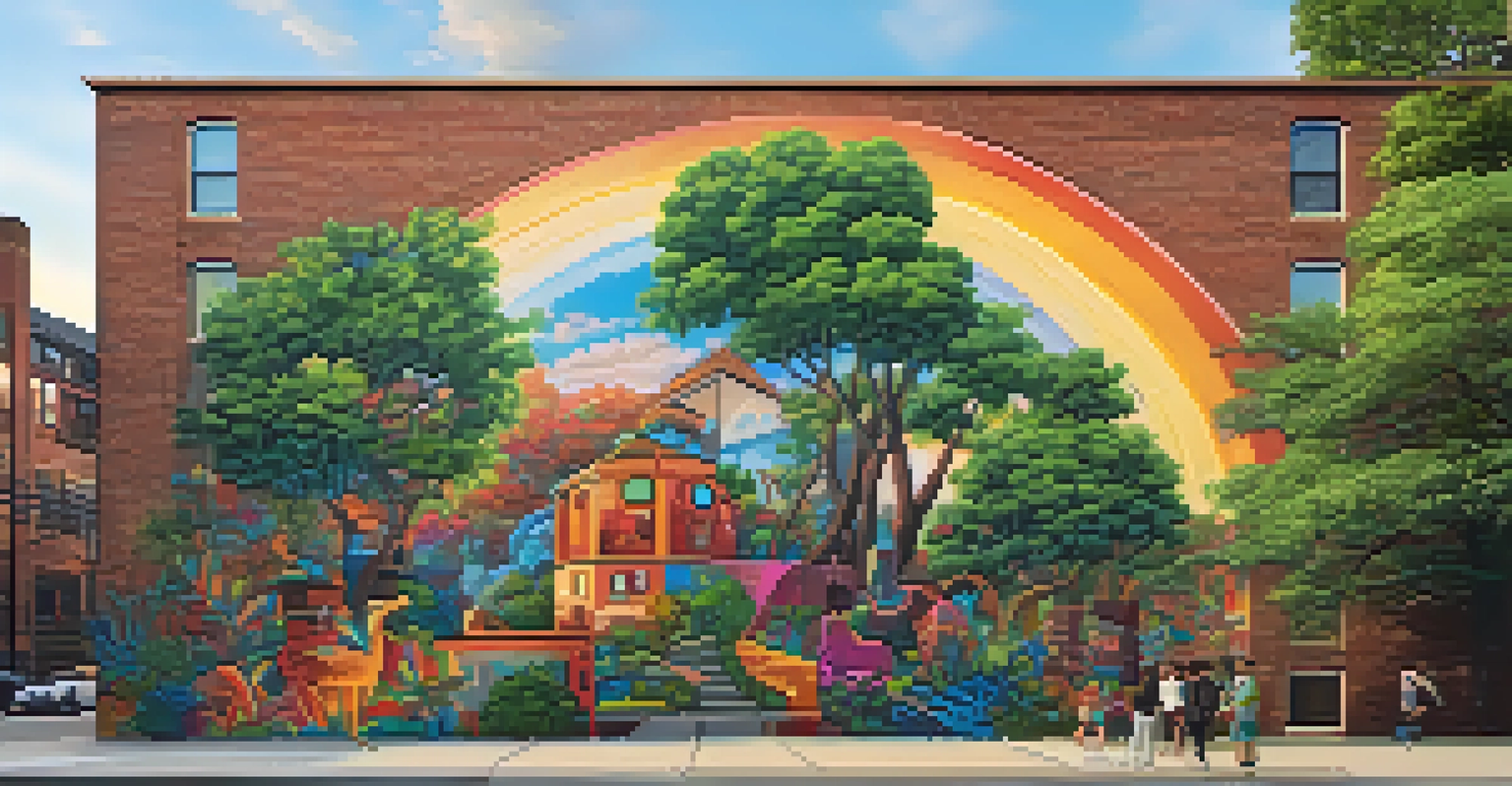 A contemporary mural on a brick wall in an urban setting, surrounded by greenery.