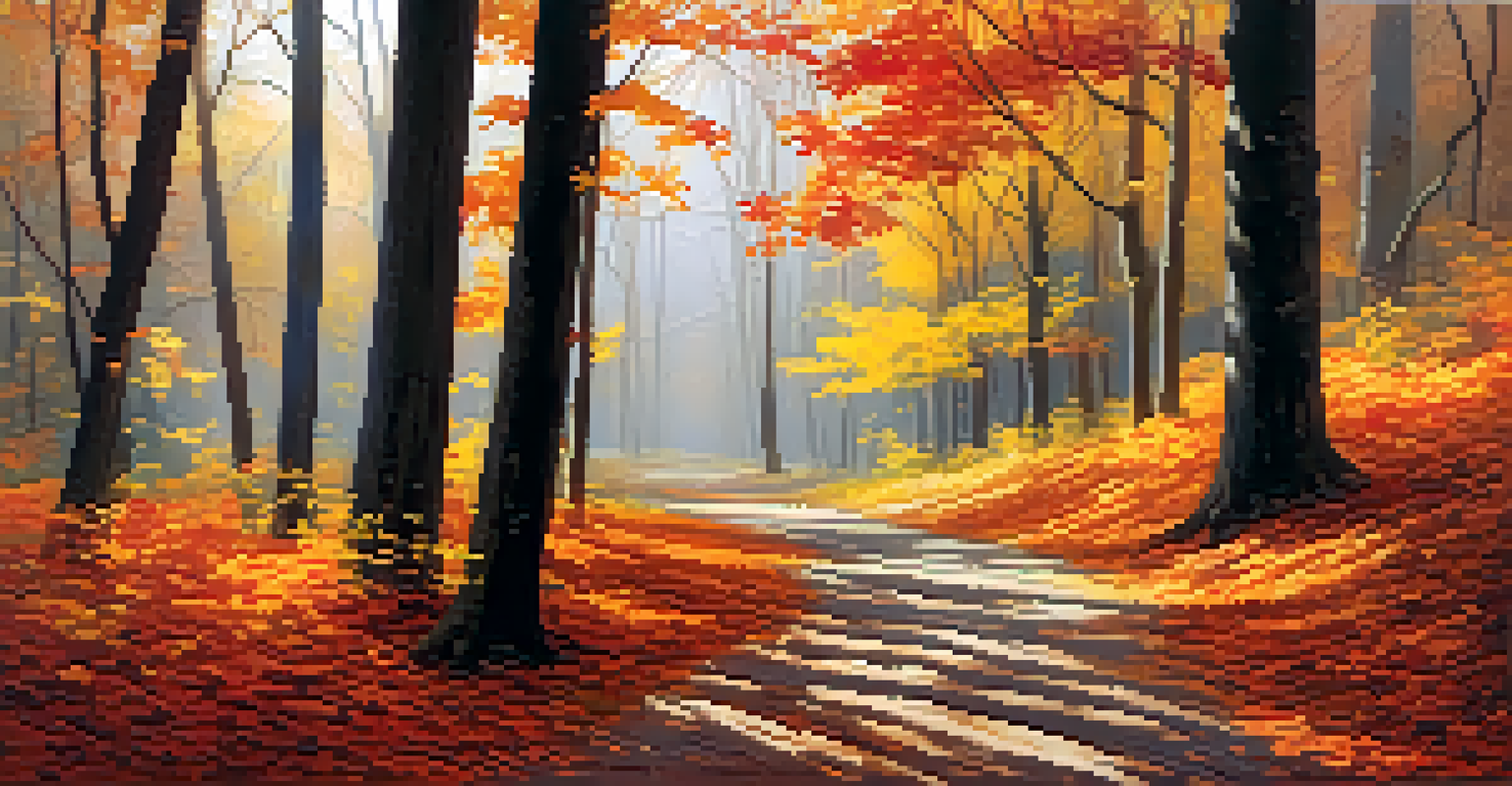 An autumn forest with colorful trees and a winding path, illuminated by soft sunlight.