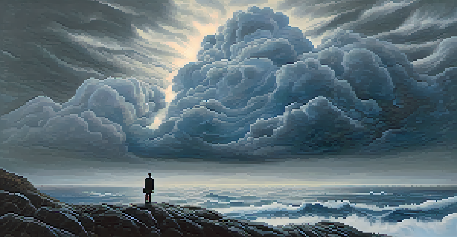An abstract image depicting a figure on a cliff with arms outstretched toward a stormy sky, representing freedom and resilience.