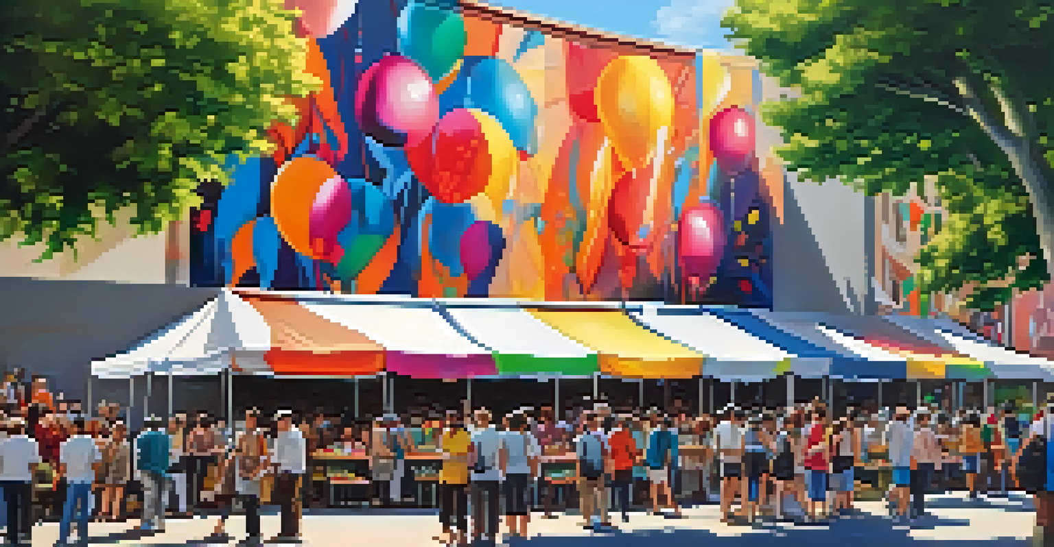 A lively street art festival with artists painting murals, spectators watching, and colorful decorations under tree shade.