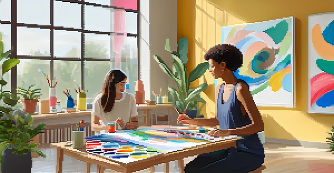A bright art therapy room with a therapist assisting a young adult in painting, surrounded by art supplies and colorful abstract art.