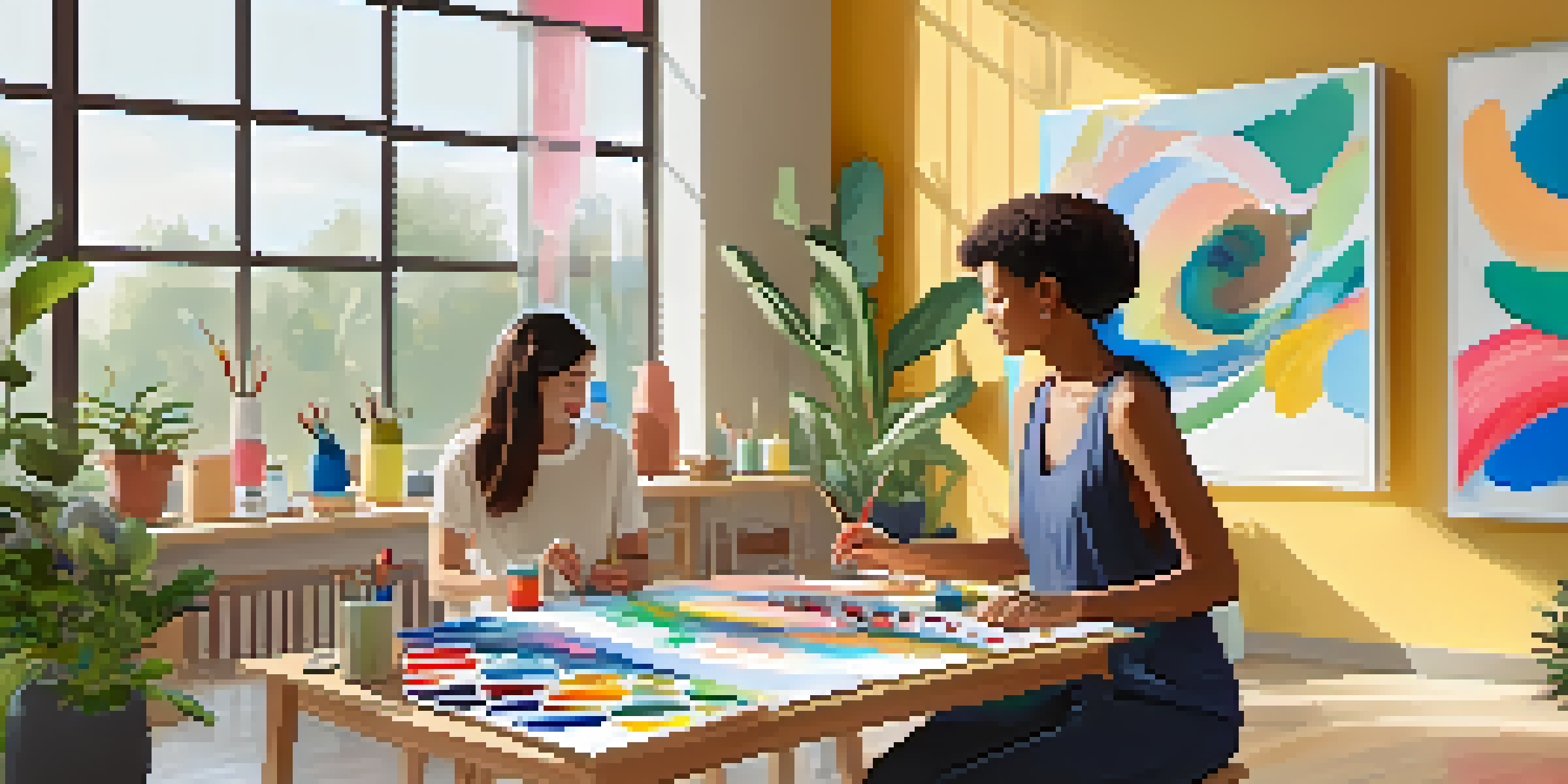 A bright art therapy room with a therapist assisting a young adult in painting, surrounded by art supplies and colorful abstract art.