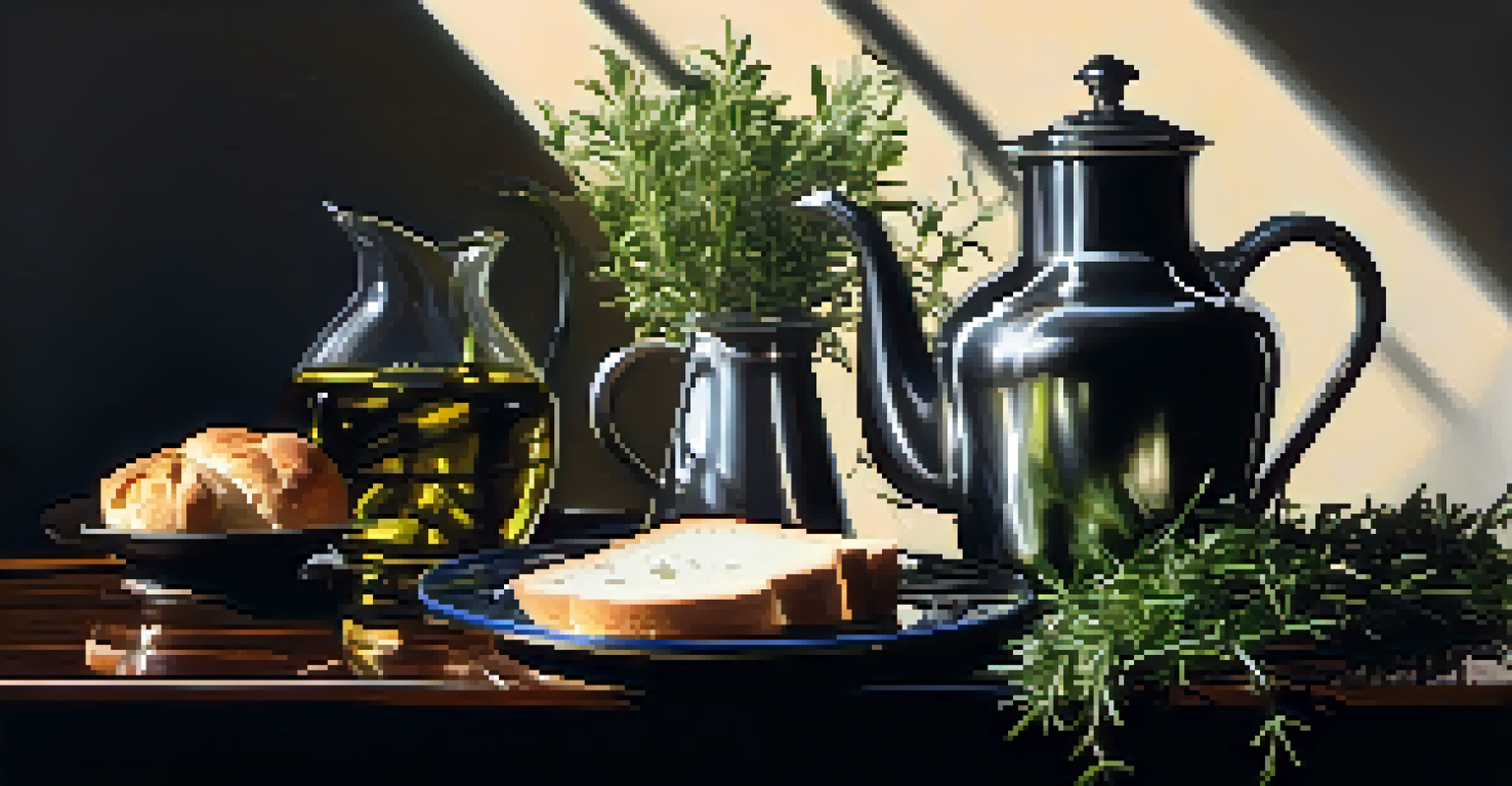 An elegant still life with a silver pitcher of herbs, sliced rustic bread on a cutting board, and a dish of olive oil on a dark marble countertop, highlighted by dramatic lighting.