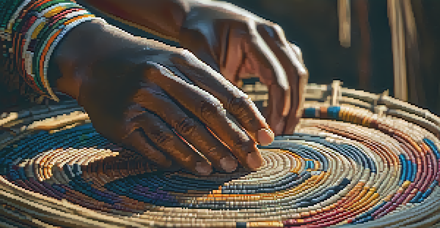 Close-up of an Indigenous artist's hands weaving a basket, showcasing intricate patterns and textures with warm lighting.